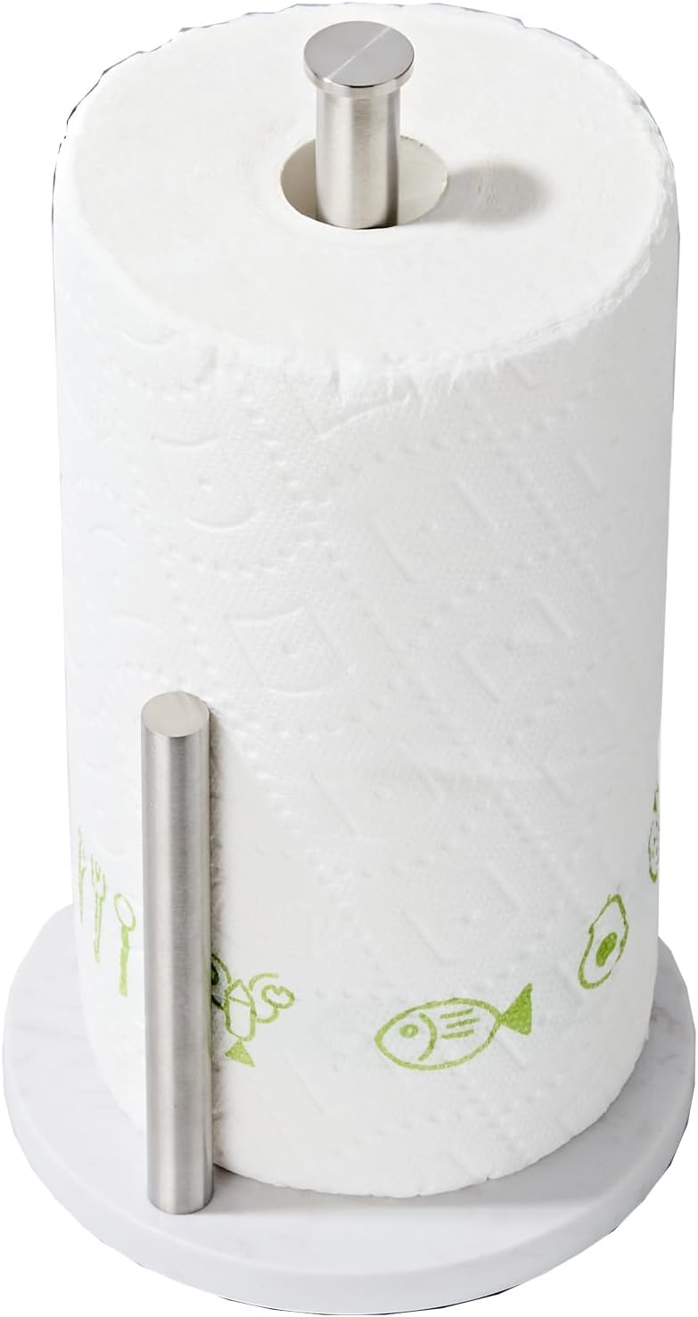 KUUBTH Brushed Nickel Paper Towel Holder,Stainless Steel Paper Towel Holder for Kitchen Roll Organize, Standard or Jumbo-Sized Roll Paper, Countertop Roll Dispenser with Marble Base - Image 1